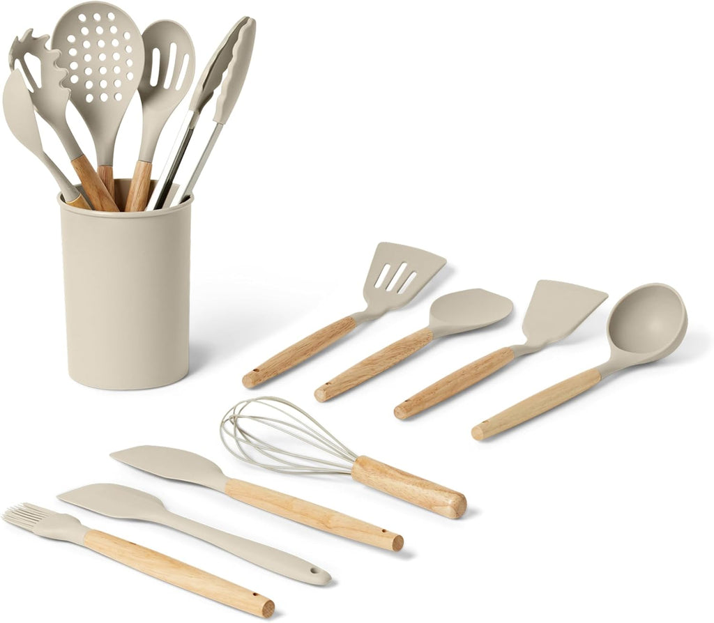 Amazon Basics Juego de utensilios de cocina de silicona con mango de madera