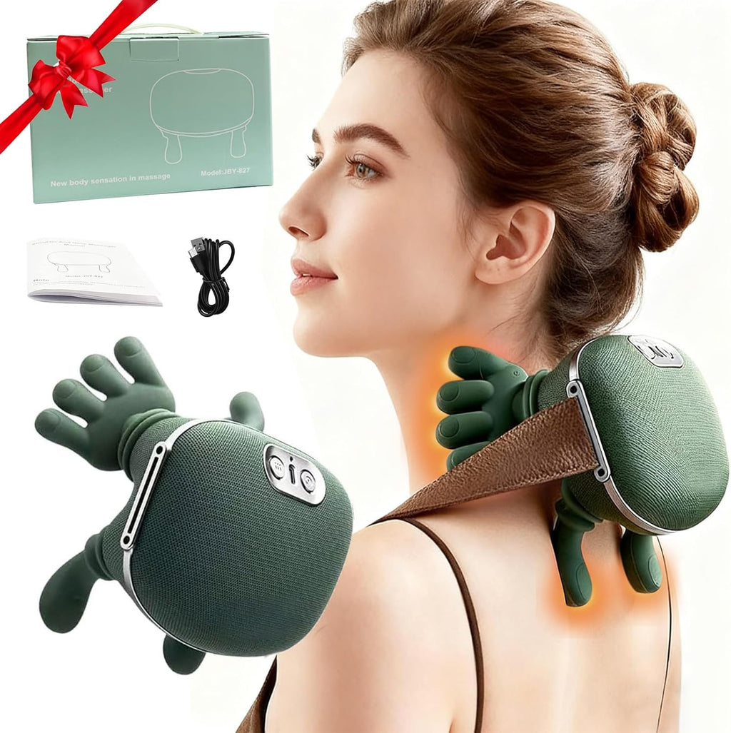Siasoo Masajeador de cuello con calor inalámbrico portátil Shiatsu cuello y hombro tejido profundo 4D masaje de espalda con dedos, diseño de mano humana simulada, masajeador muscular relajante masajeador para el día de la madre, regalos para mamá