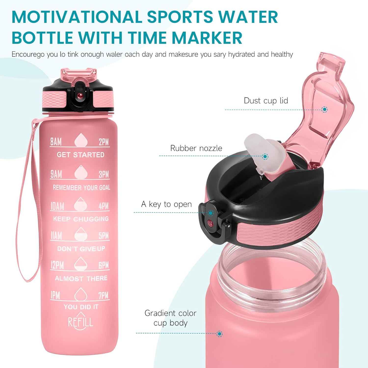 Water Bottles with Times to Drink and Straw