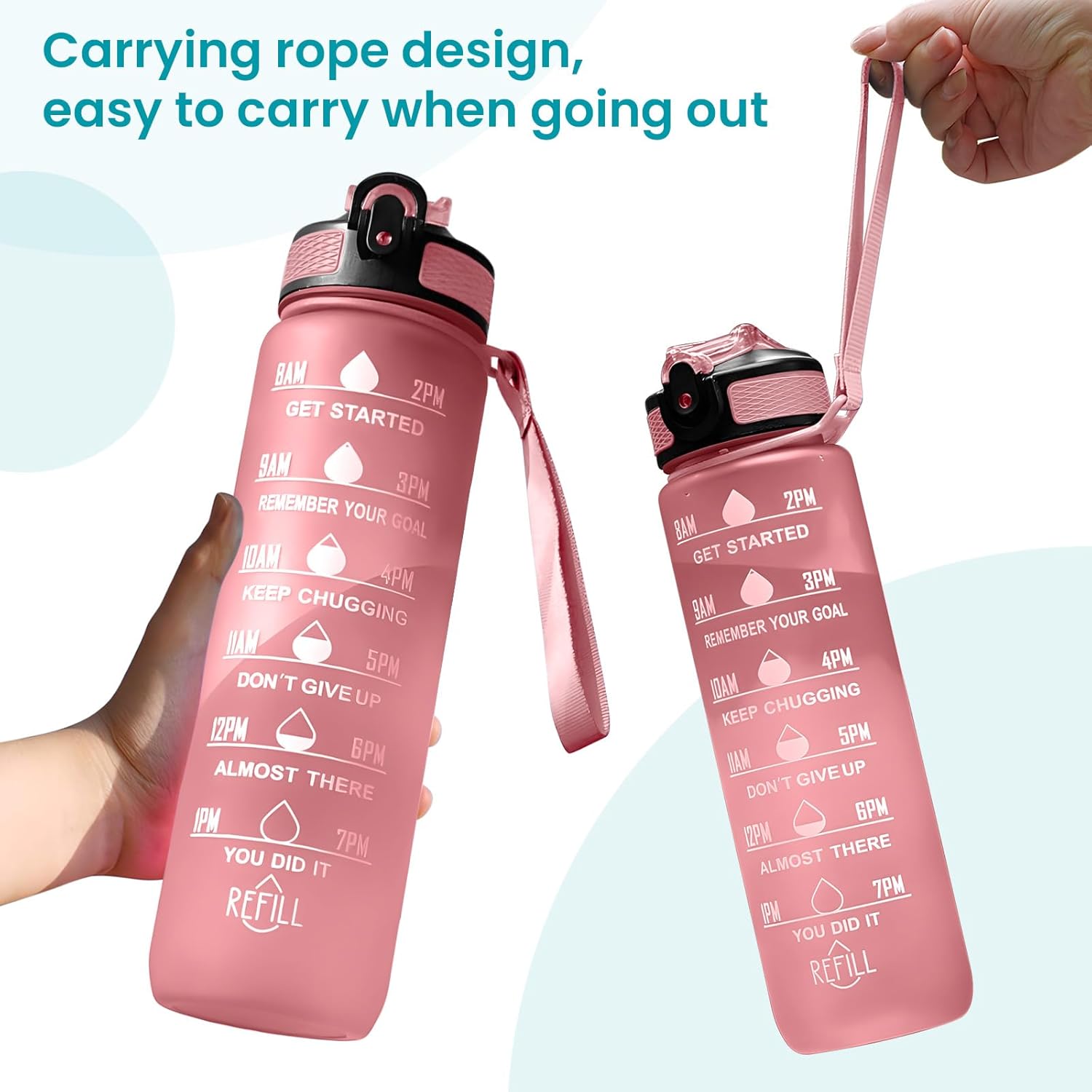 Water Bottles with Times to Drink and Straw