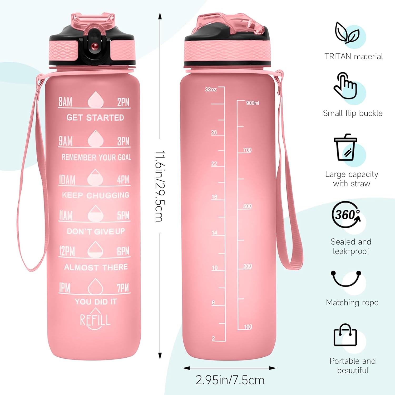 Water Bottles with Times to Drink and Straw
