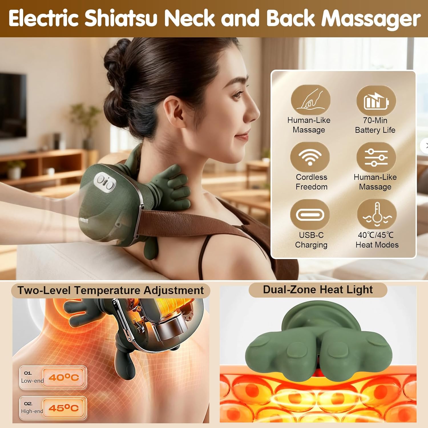 Siasoo Masajeador de cuello con calor inalámbrico portátil Shiatsu cuello y hombro tejido profundo 4D masaje de espalda con dedos, diseño de mano humana simulada, masajeador muscular relajante masajeador para el día de la madre, regalos para mamá