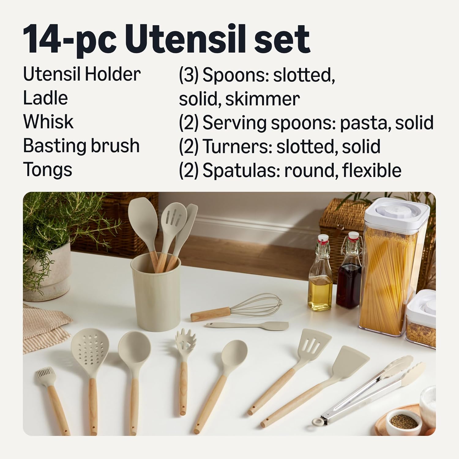Amazon Basics Juego de utensilios de cocina de silicona con mango de madera