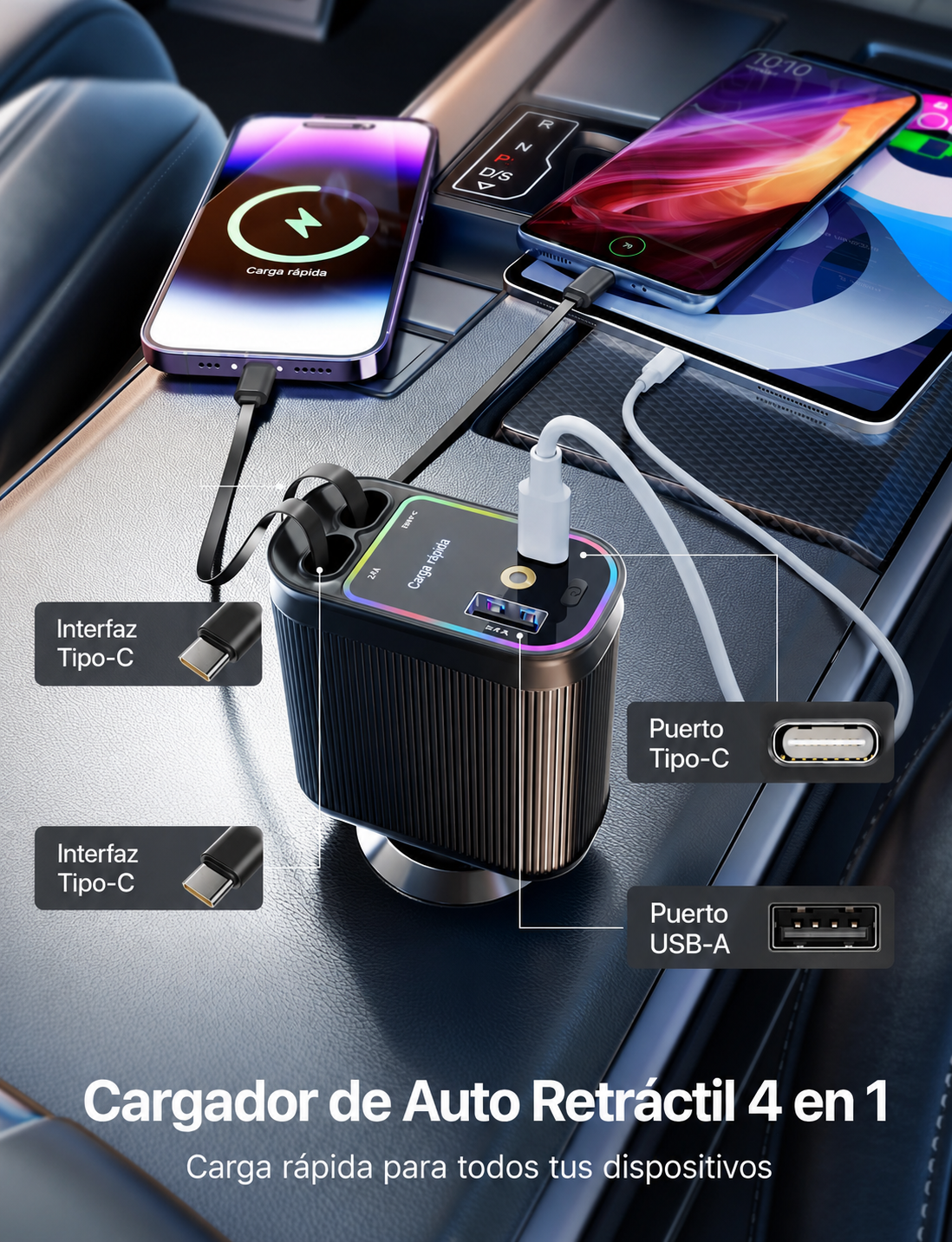Cargador Starlight Pro 4 en 1 by LlegaYa: Luz Estelar y Carga Rápida 66W para tu Coche